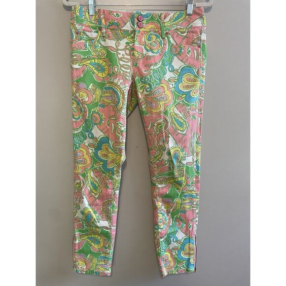 Lilly Pulitzer Size 2 Green Pink Worth Skinny Mini Zip Jeans Colorful Paisley - Picture 1 of 8